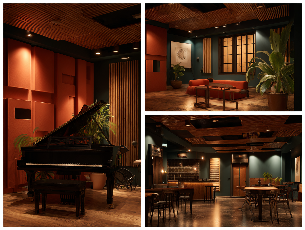 Collage of restaurant, and residential building with acoustic treatments